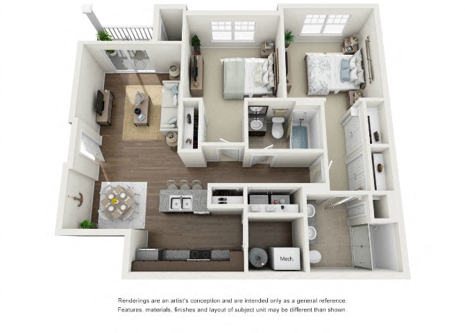 Floor plan for 2 beds, 2 baths, 1093 sqft